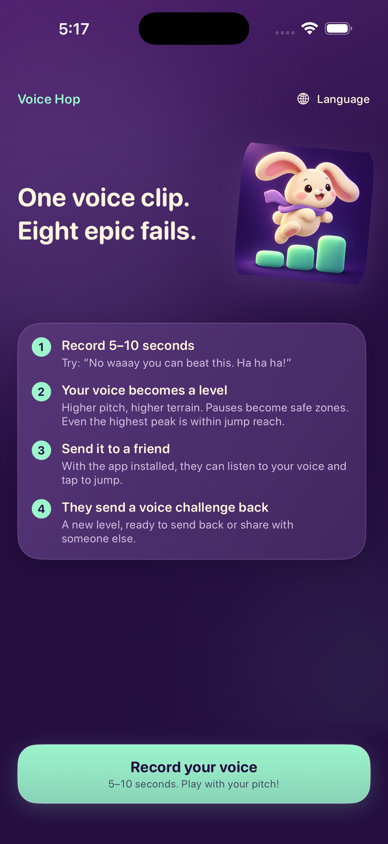 Voice Hop home screen