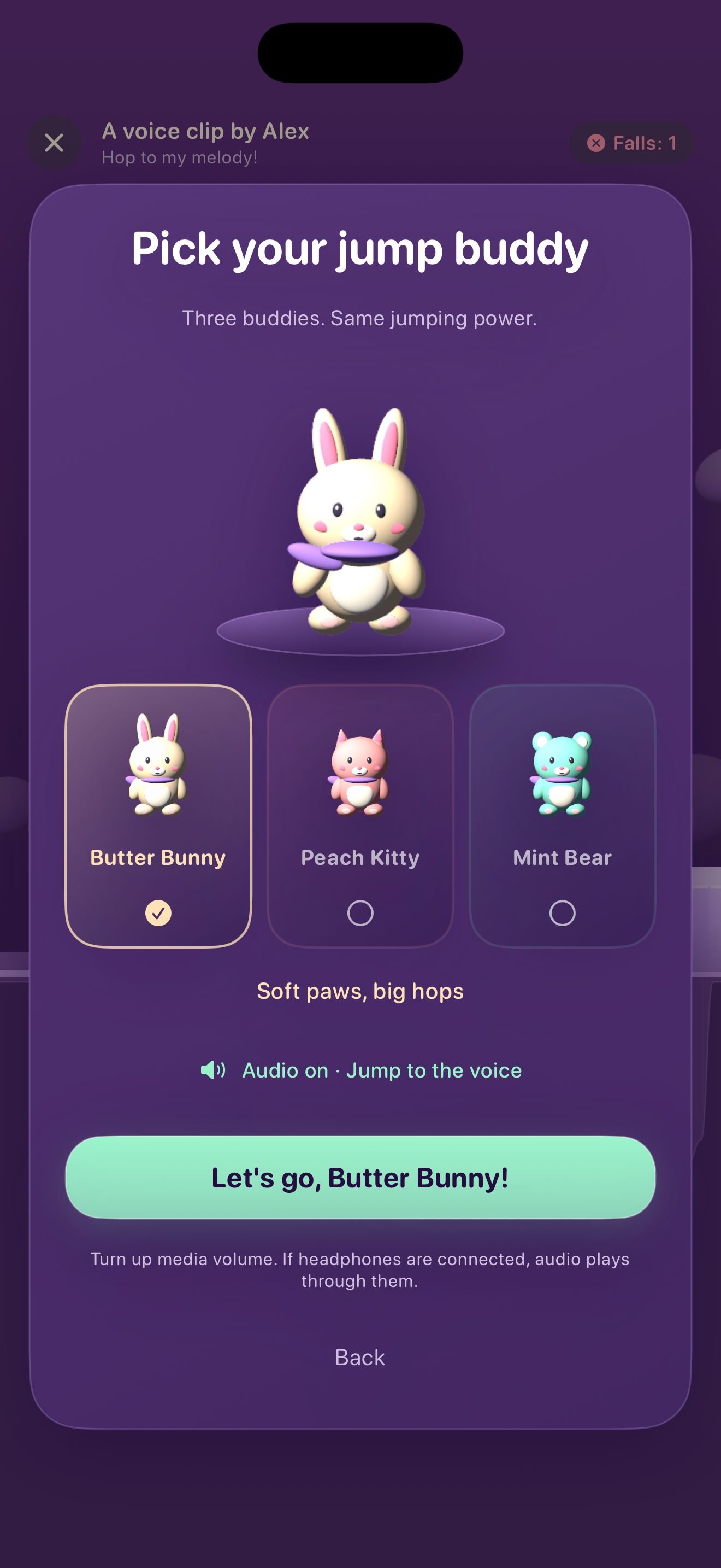 Choose from bunny, cat and bear companions